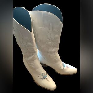 White Cowgirl Boots Mid Calf Custom Bling Accents - Wide Calf 2.5" Heel